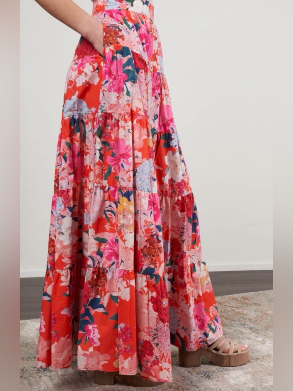 Cara Cara Red & Pink Floral Tiered Maxi Skirt